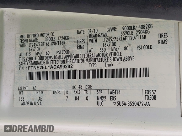 2010 Ford Econoline Cargo Commercial with VIN 1FTNE2EL1ADA99282, listed as a IAAI auction lot 42604073 with 128,942 mi miles and . Bid and sale history available at DreamBid. Image 9.
