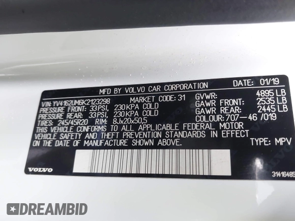 2019 Volvo XC40 R-Design with VIN YV4162UM6K2123298, listed as a IAAI auction lot 41509799 with 57,010 mi miles and . Bid and sale history available at DreamBid. Image 9.