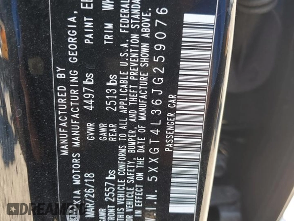 2018 Kia Optima LX с VIN 5XXGT4L36JG259076, выставлен на аукционе Copart как лот 46780695 с пробегом 81 068 миль миль и На запчасти • Non repairable. История ставок и продаж доступна на DreamBid. Изображение 12.