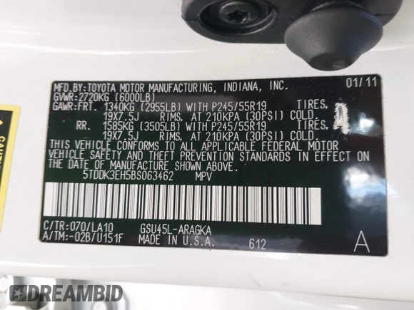 2011 Toyota Highlander Limited with VIN 5TDDK3EH5BS063462, listed as a IAAI auction lot 42359386 with 129,809 mi miles and . Bid and sale history available at DreamBid. Image 9.