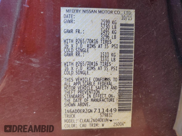 2016 Nissan Frontier Desert Runner with VIN 1N6AD0ER2GN711449, listed as a Copart auction lot 56006095 with 168,845 mi miles and Salvage title. Bid and sale history available at DreamBid. Image 12.
