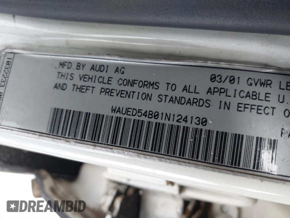 2001 Audi A6 with VIN WAUED54B01N124130, listed as a IAAI auction lot 41574761 with 137,069 mi miles. Bid and sale history available at carsss.com. Image 9.