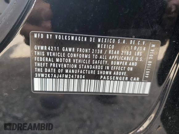 2015 Volkswagen Jetta S with VIN 3VW2K7AJ4FM247804, listed as a Copart auction lot 60654995 with Not provided miles and Salvage title. Bid and sale history available at DreamBid. Image 12.