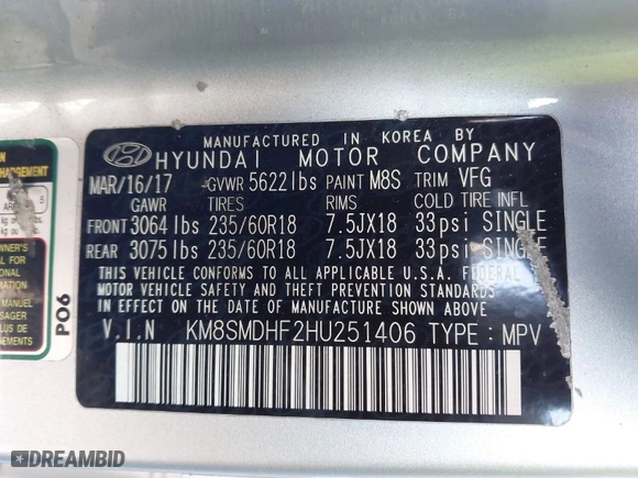 2017 Hyundai Santa Fe SE with VIN KM8SMDHF2HU251406, listed as a IAAI auction lot 41765132 with 150,326 mi miles. Bid and sale history available at carsss.com. Image 9.