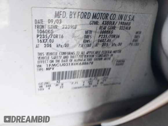 2004 Ford Escape XLT with VIN 1FMCU031X4KA88678, listed as a IAAI auction lot 42616524 with Not provided miles and . Bid and sale history available at DreamBid. Image 9.