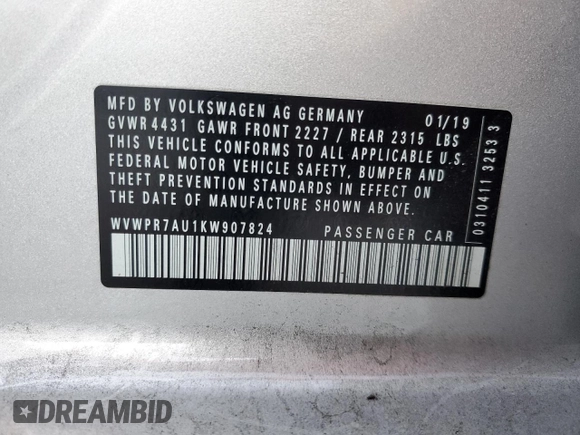 2019 Volkswagen Golf SEL Premium with VIN WVWPR7AU1KW907824, listed as a Copart auction lot 83058704 with 23,688 mi miles and Salvage title. Bid and sale history available at DreamBid. Image 13.