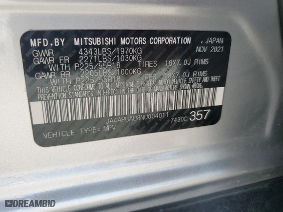 2022 Mitsubishi Outlander Sport ES with VIN JA4APUAU8NU004011, listed as a Copart auction lot 48368285 with 54,171 mi miles and Clean Title. Bid and sale history available at carsss.com. Image 13.