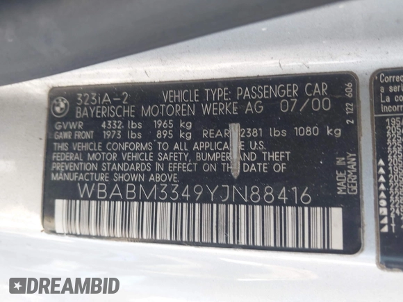 2000 BMW 3 Series 323Ci with VIN WBABM3349YJN88416, listed as a IAAI auction lot 42137407 with Not Provided miles and . Bid and sale history available at DreamBid. Image 9.