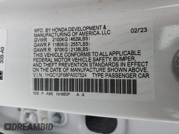 2023 Honda Accord EX-L с VIN 1HGCY2F68PA007524, выставлен на аукционе Copart как лот 60244435 с пробегом 17 857 миль миль и Списание • Salvage title. История ставок и продаж доступна на DreamBid. Изображение 12.