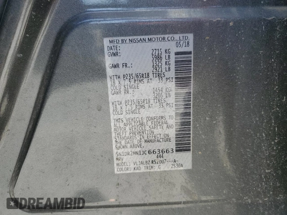 2018 Nissan Pathfinder S with VIN 5N1DR2MN1JC663663, listed as a Copart auction lot 65409265 with 77,221 mi miles and Salvage title. Bid and sale history available at DreamBid. Image 14.