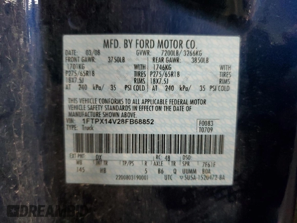 2008 Ford F-150 XLT with VIN 1FTPX14V28FB68852, listed as a Copart auction lot 50180035 with 142,221 mi miles and Clean Title. Bid and sale history available at carsss.com. Image 12.