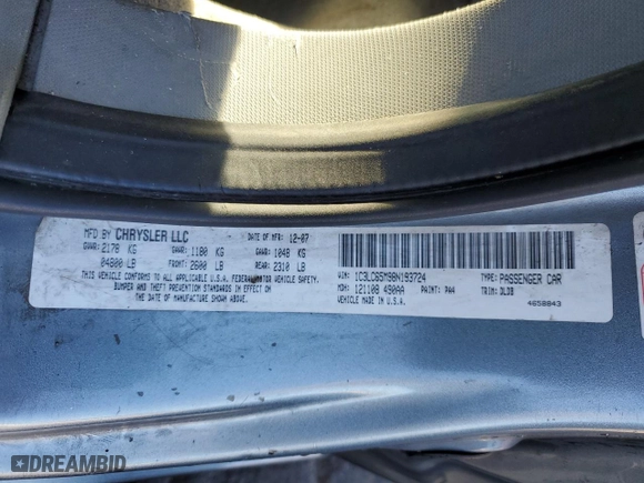 2008 Chrysler Sebring Limited with VIN 1C3LC65M98N193724, listed as a Copart auction lot 75231124 with 186,389 mi miles and Salvage Title. Bid and sale history available at carsss.com. Image 12.