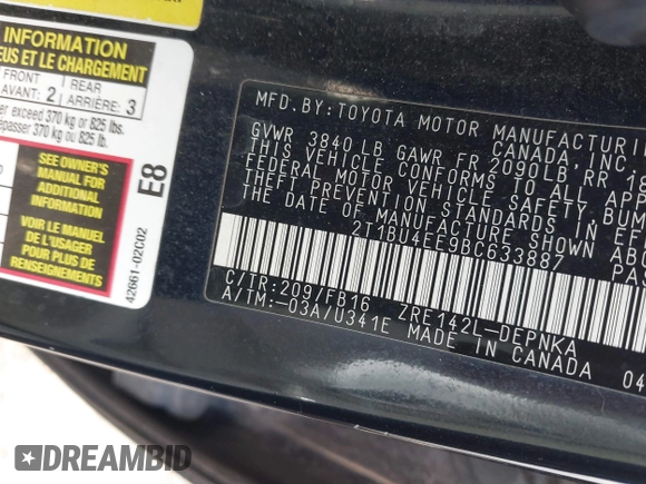2011 Toyota Corolla L with VIN 2T1BU4EE9BC633887, listed as a IAAI auction lot 41851098 with 187,746 mi miles. Bid and sale history available at carsss.com. Image 9.