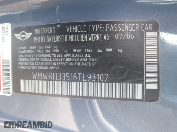 2006 MINI Convertible S z VIN WMWRH33516TL93102, wystawiony jako IAAI lot #42529434 z przebiegiem 123 292 mil mil oraz . Historia ofert i sprzedaży dostępna na DreamBid. Obrazek 9.