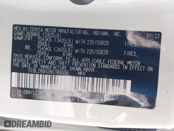 2022 Toyota Highlander XSE with VIN 5TDLZRBH2NS189006, listed as a IAAI auction lot 42298831 with 67,322 mi miles and . Bid and sale history available at DreamBid. Image 9.