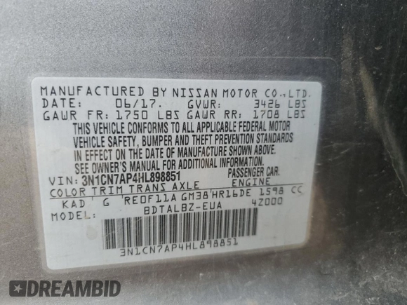 2017 Nissan Versa SV z VIN 3N1CN7AP4HL898851, wystawiony jako Copart lot #43182395 z przebiegiem 94 626 mil mil oraz Szkoda całkowita • Salvage title. Historia ofert i sprzedaży dostępna na DreamBid. Obrazek 15.