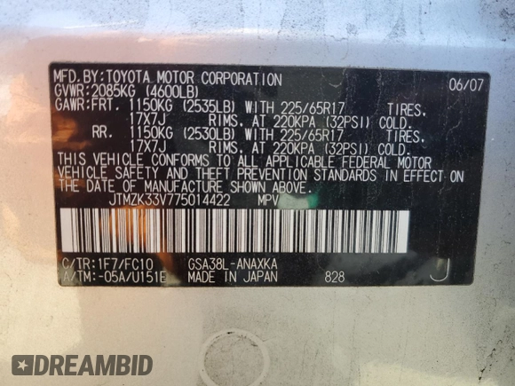 2007 Toyota RAV4 with VIN JTMZK33V775014422, listed as a Copart auction lot 46917915 with 201,315 mi miles and Clean Title. Bid and sale history available at DreamBid. Image 13.