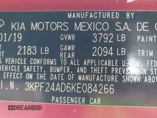 2019 Kia Forte LXS z VIN 3KPF24AD6KE084266, wystawiony jako IAAI lot #41566565 z przebiegiem 70 512 mil mil oraz . Historia ofert i sprzedaży dostępna na DreamBid. Obrazek 9.