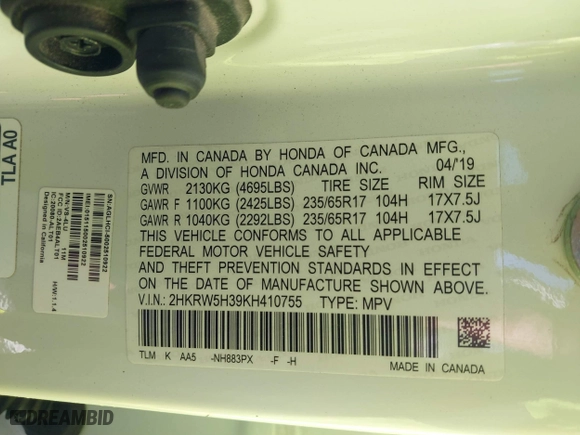 2019 Honda CR-V LX with VIN 2HKRW5H39KH410755, listed as a IAAI auction lot 41729389 with 52,396 mi miles. Bid and sale history available at carsss.com. Image 9.