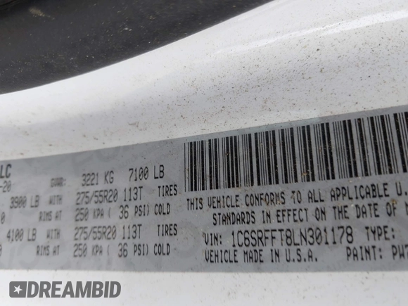 2020 Ram 1500 Big Horn with VIN 1C6SRFFT8LN301178, listed as a IAAI auction lot 42265449 with 74,968 mi miles and . Bid and sale history available at DreamBid. Image 9.