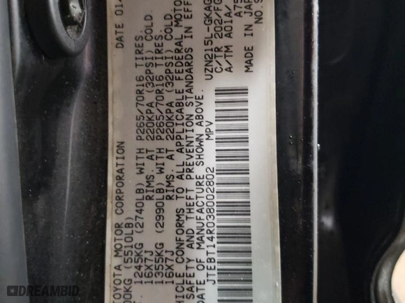 2003 Toyota 4Runner SR5 with VIN JTEBT14R038002802, listed as a Copart auction lot 48614125 with 249,307 mi miles and Salvage Title. Bid and sale history available at carsss.com. Image 12.