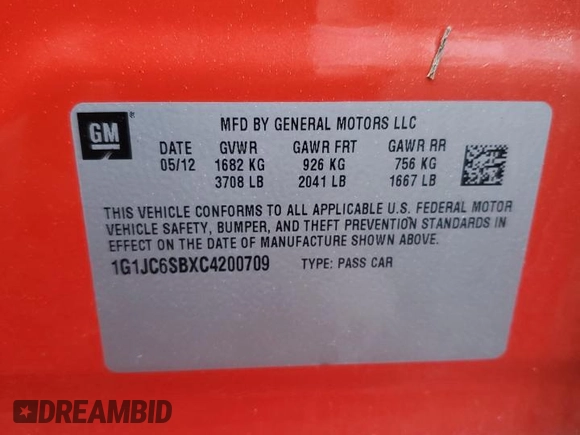 2012 Chevrolet Sonic LT with VIN 1G1JC6SBXC4200709, listed as a Copart auction lot 59656395 with 85,289 mi miles and Clean title. Bid and sale history available at DreamBid. Image 12.