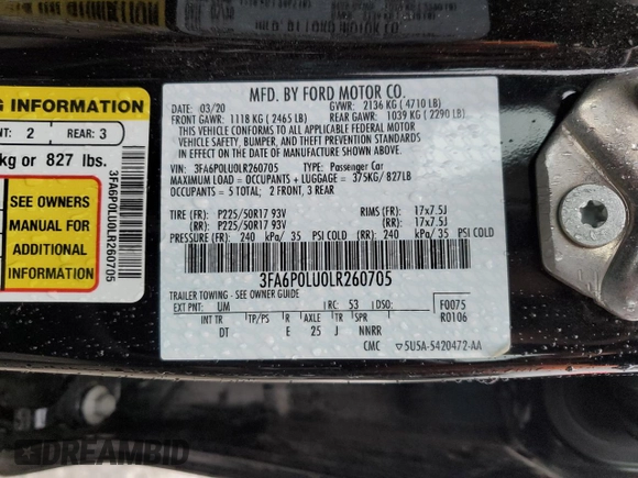 2020 Ford Fusion Hybrid SE with VIN 3FA6P0LU0LR260705, listed as a Copart auction lot 72854892 with 40,416 mi miles. Bid and sale history available at carsss.com. Image 13.