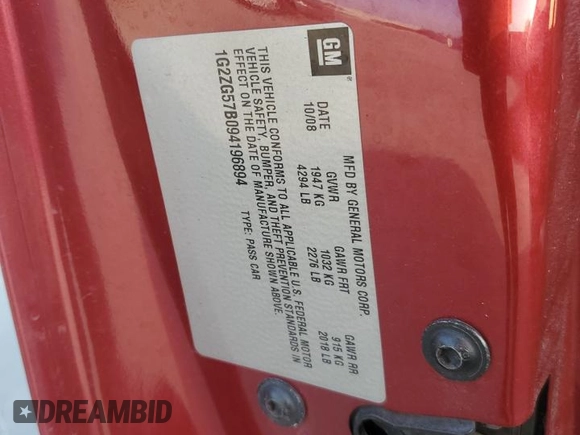 2009 Pontiac G6 w/1SA *Ltd Avail* with VIN 1G2ZG57B094196894, listed as a Copart auction lot 72076884 with 186,327 mi miles and Salvage Title. Bid and sale history available at carsss.com. Image 14.