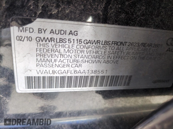 2010 Audi S4 Prestige with VIN WAUKGAFL6AA138551, listed as a Copart auction lot 51665085 with 143,078 mi miles and Salvage Title. Bid and sale history available at carsss.com. Image 12.