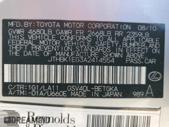 2010 Lexus ES 330 with VIN JTHBK1EG3A2414554, listed as a Copart auction lot 49527055 with 136,859 mi miles and Clean Title. Bid and sale history available at DreamBid. Image 13.