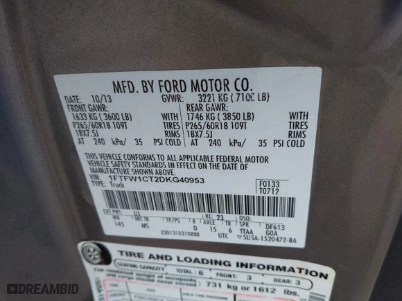 2013 Ford F-150 XL with VIN 1FTFW1CT2DKG40953, listed as a IAAI auction lot 41736920 with 179,437 mi miles. Bid and sale history available at carsss.com. Image 9.