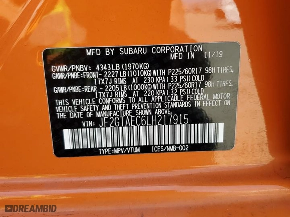 2020 Subaru Crosstrek Premium with VIN JF2GTAEC6LH217915, listed as a Copart auction lot 53516865 with 27,779 mi miles and Salvage Title. Bid and sale history available at carsss.com. Image 13.
