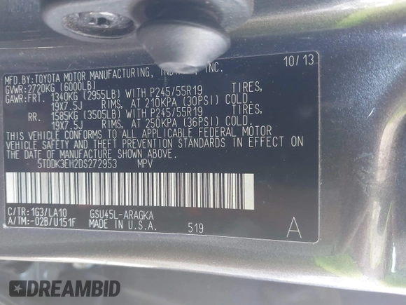 2013 Toyota Highlander Limited with VIN 5TDDK3EH2DS272953, listed as a IAAI auction lot 42582802 with 144,482 mi miles and . Bid and sale history available at DreamBid. Image 9.