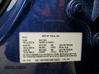 2022 Tesla Model Y Performance with VIN 7SAYGDEFXNF438281, listed as a Copart auction lot 53706435 with Not provided miles and Salvage title. Bid and sale history available at DreamBid. Image 15.