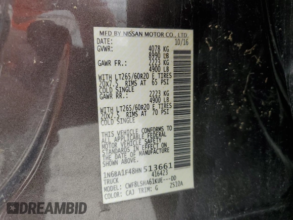 2017 Nissan Titan Platinum Reserve z VIN 1N6BA1F48HN513661, wystawiony jako Copart lot #53576075 z przebiegiem 93 430 mil mil oraz Szkoda całkowita • Salvage title. Historia ofert i sprzedaży dostępna na DreamBid. Obrazek 12.