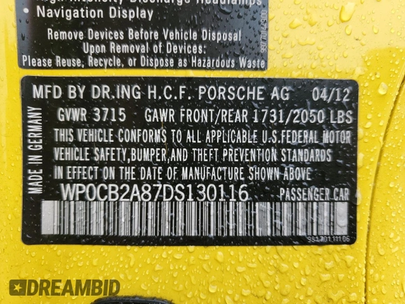 2013 Porsche Boxster S with VIN WP0CB2A87DS130116, listed as a Copart auction lot 64066325 with 53,872 mi miles and Salvage title. Bid and sale history available at DreamBid. Image 13.