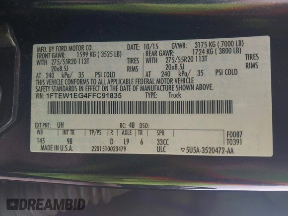 2015 Ford F-150 XLT with VIN 1FTEW1EG4FFC91835, listed as a IAAI auction lot 41585505 with 142,702 mi miles. Bid and sale history available at carsss.com. Image 9.