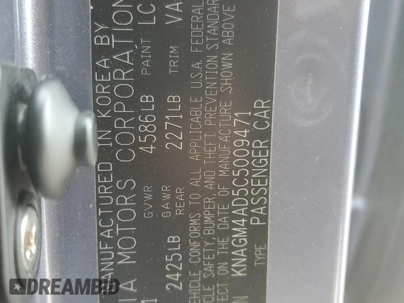2012 Kia Optima Hybrid with VIN KNAGM4AD5C5009471, listed as a Copart auction lot 50542505 with 146,624 mi miles and Salvage Title. Bid and sale history available at DreamBid. Image 13.