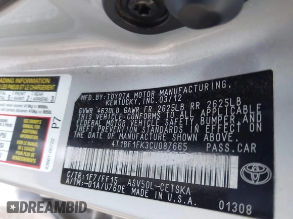 2012 Toyota Camry L with VIN 4T1BF1FK3CU087665, listed as a IAAI auction lot 41996675 with 220,465 mi miles. Bid and sale history available at carsss.com. Image 9.