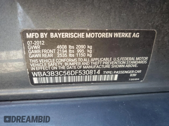2013 BMW 3 Series 328i xDrive with VIN WBA3B3C56DF530814, listed as a Copart auction lot 52820915 with 144,164 mi miles and Salvage Title. Bid and sale history available at carsss.com. Image 12.