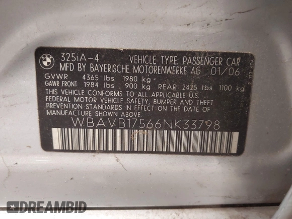 2006 BMW 3 Series 325i with VIN WBAVB17566NK33798, listed as a IAAI auction lot 42425997 with 210,994 mi miles and . Bid and sale history available at DreamBid. Image 9.