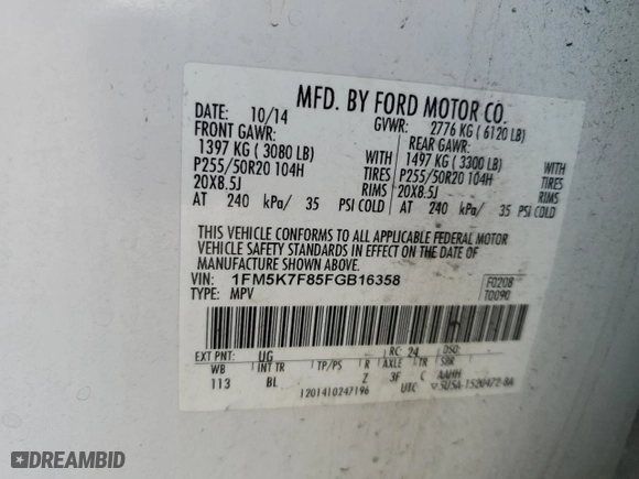 2015 Ford Explorer Limited with VIN 1FM5K7F85FGB16358, listed as a Copart auction lot 42431795 with 190,802 mi miles and Salvage Title. Bid and sale history available at carsss.com. Image 16.