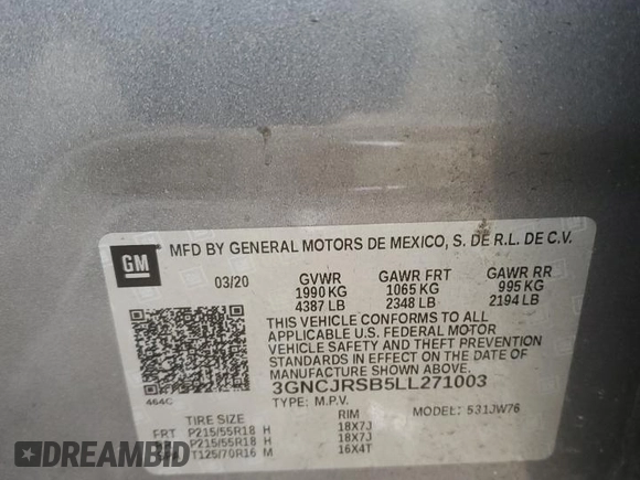 2020 Chevrolet Trax Premier with VIN 3GNCJRSB5LL271003, listed as a Copart auction lot 46986775 with 45,711 mi miles and Salvage title. Bid and sale history available at DreamBid. Image 12.