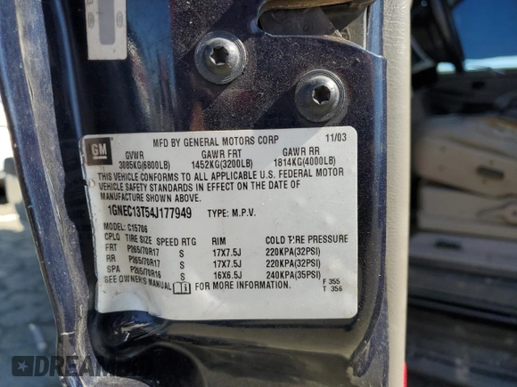 2004 Chevrolet Tahoe LS with VIN 1GNEC13T54J177949, listed as a Copart auction lot 53867255 with 225,348 mi miles and Salvage title. Bid and sale history available at DreamBid. Image 13.