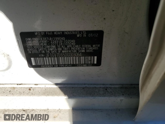 2013 Subaru WRX WRX z VIN JF1GV7E65DG003064, wystawiony jako Copart lot #87067224 z przebiegiem 127 084 mil mil oraz Szkoda całkowita • Salvage title. Historia ofert i sprzedaży dostępna na DreamBid. Obrazek 13.