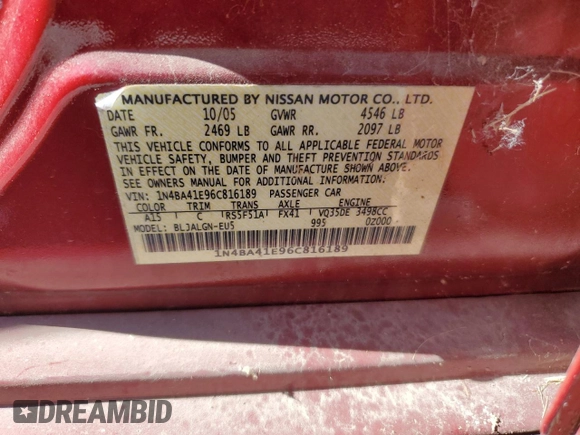 2006 Nissan Maxima 3.5 SE with VIN 1N4BA41E96C816189, listed as a Copart auction lot 74617644 with 89,012 mi miles and Salvage Title. Bid and sale history available at carsss.com. Image 13.