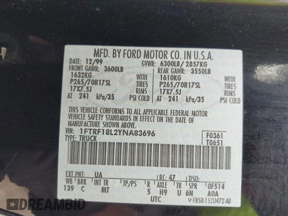 2000 Ford F-150 XL с VIN 1FTRF18L2YNA83696, выставлен на аукционе IAAI как лот 42047463 с пробегом Не указан миль и . История ставок и продаж доступна на DreamBid. Изображение 9.