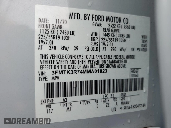 2021 Ford Mustang Mach-E Premium с VIN 3FMTK3R74MMA01823, выставлен на аукционе Copart как лот 58423155 с пробегом 54 451 миль миль и Списание • Salvage title. История ставок и продаж доступна на DreamBid. Изображение 12.