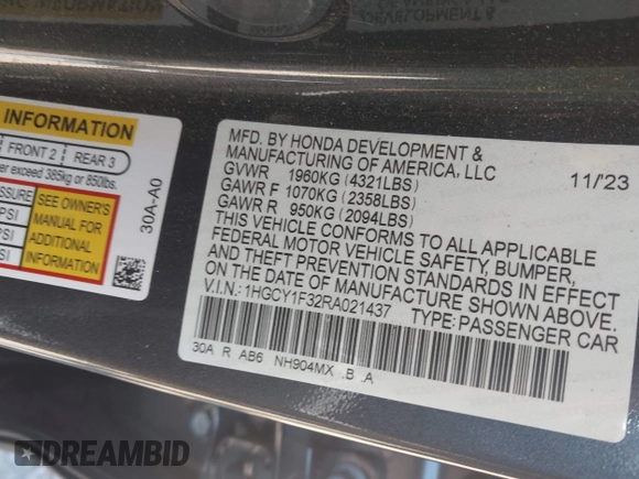 2024 Honda Accord EX с VIN 1HGCY1F32RA021437, выставлен на аукционе IAAI как лот 42181812 с пробегом 31 592 миль миль и . История ставок и продаж доступна на DreamBid. Изображение 9.