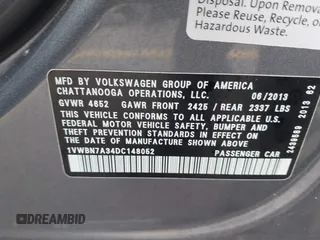 2013 Volkswagen Passat SE with VIN 1VWBN7A34DC148052, listed as a IAAI auction lot 42423919 with 83,634 mi miles and . Bid and sale history available at DreamBid. Image 9.